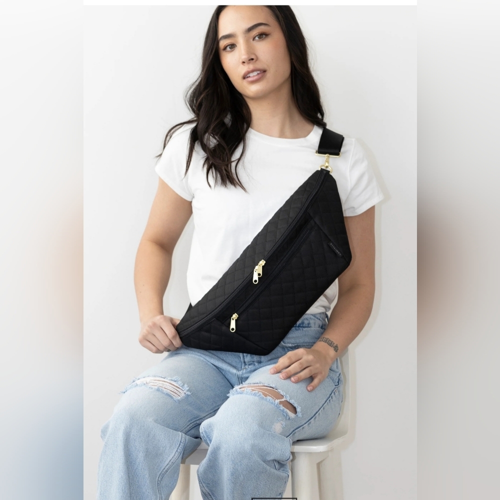 Quilted Black Crossbody Sling Bag with Gold Zippers
